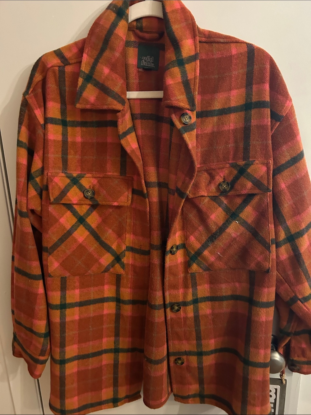wild fable Orange Plaid Utility Jacket with Pink & Green Accents